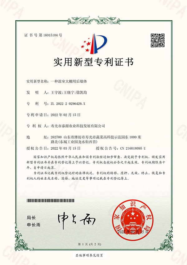 泰源后墙体专利证书（已转到利森特）